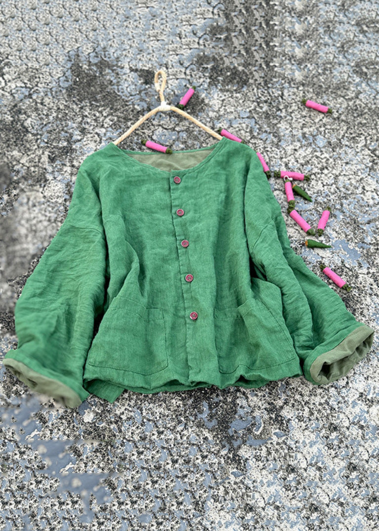 Loose Green O Neck Button Pockets Linen Coats Fall