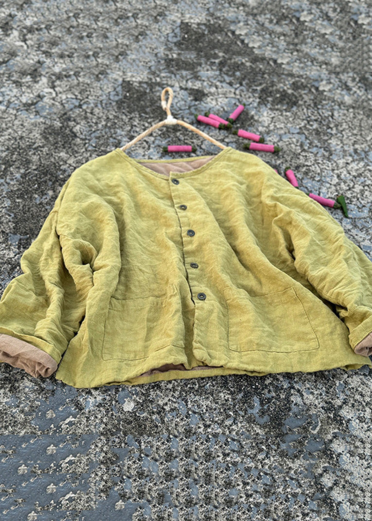 Loose Green O Neck Button Pockets Linen Coats Fall