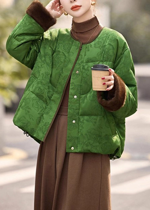 Loose Green O Neck Fluffy Patchwork Down Coats Winter