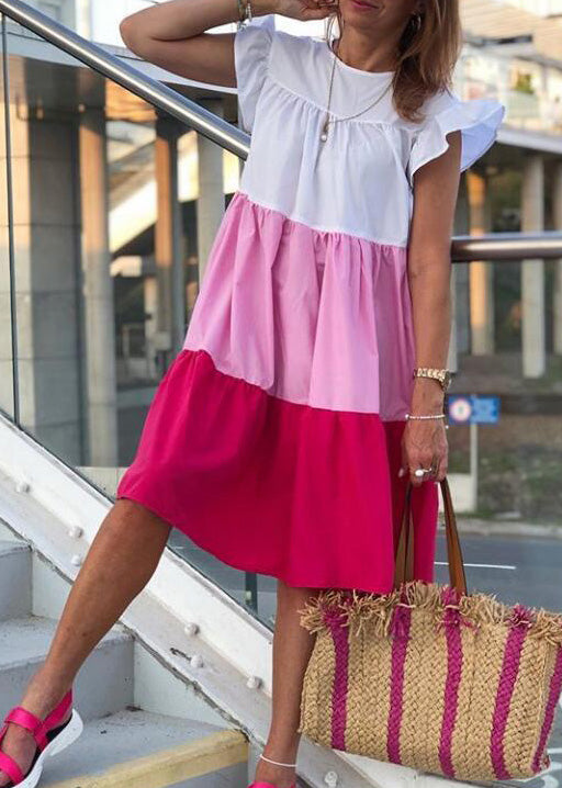 Loose Green O Neck Patchwork Cotton Dresses Summer