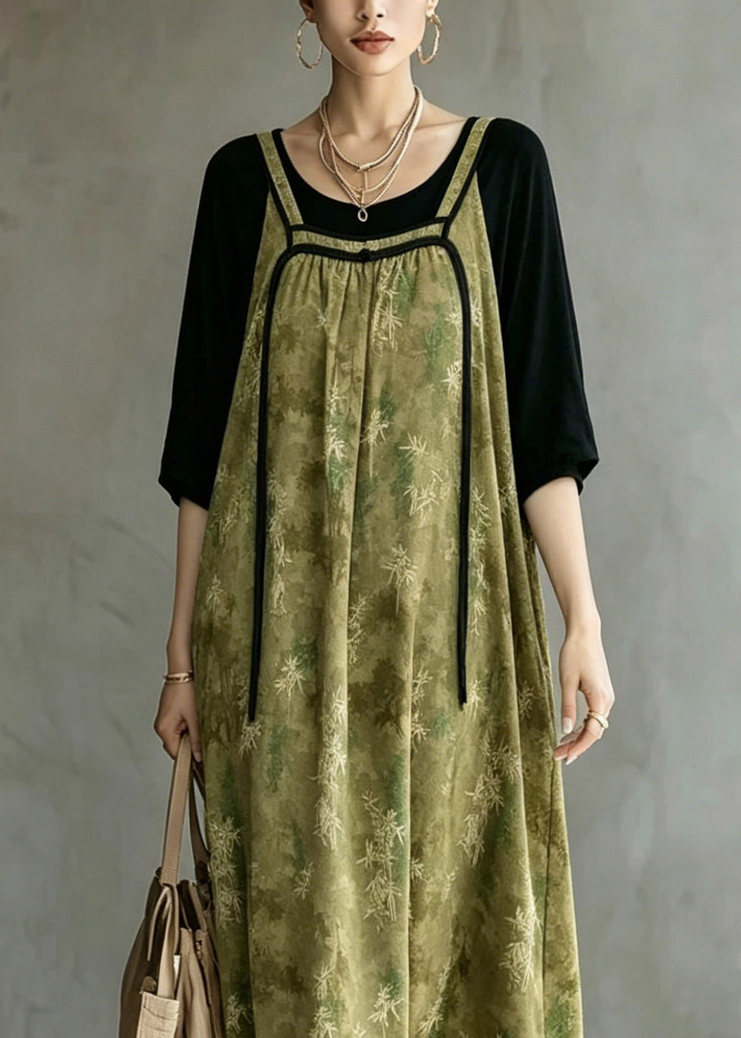 Loose Green O-Neck Patchwork Fake Two-Piece Long Dresses Half Sleeve