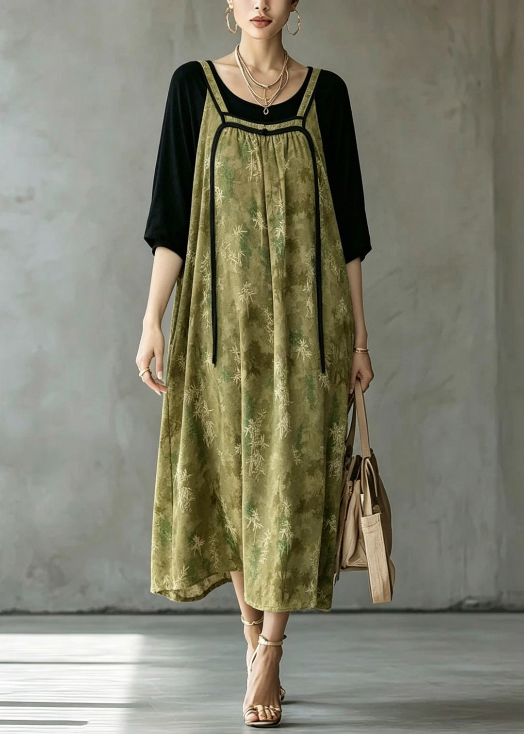 Loose Green O-Neck Patchwork Fake Two-Piece Long Dresses Half Sleeve