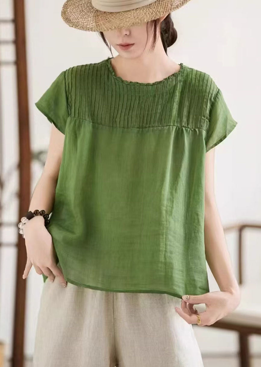 Loose Green O Neck Patchwork Linen Shirt Top Summer