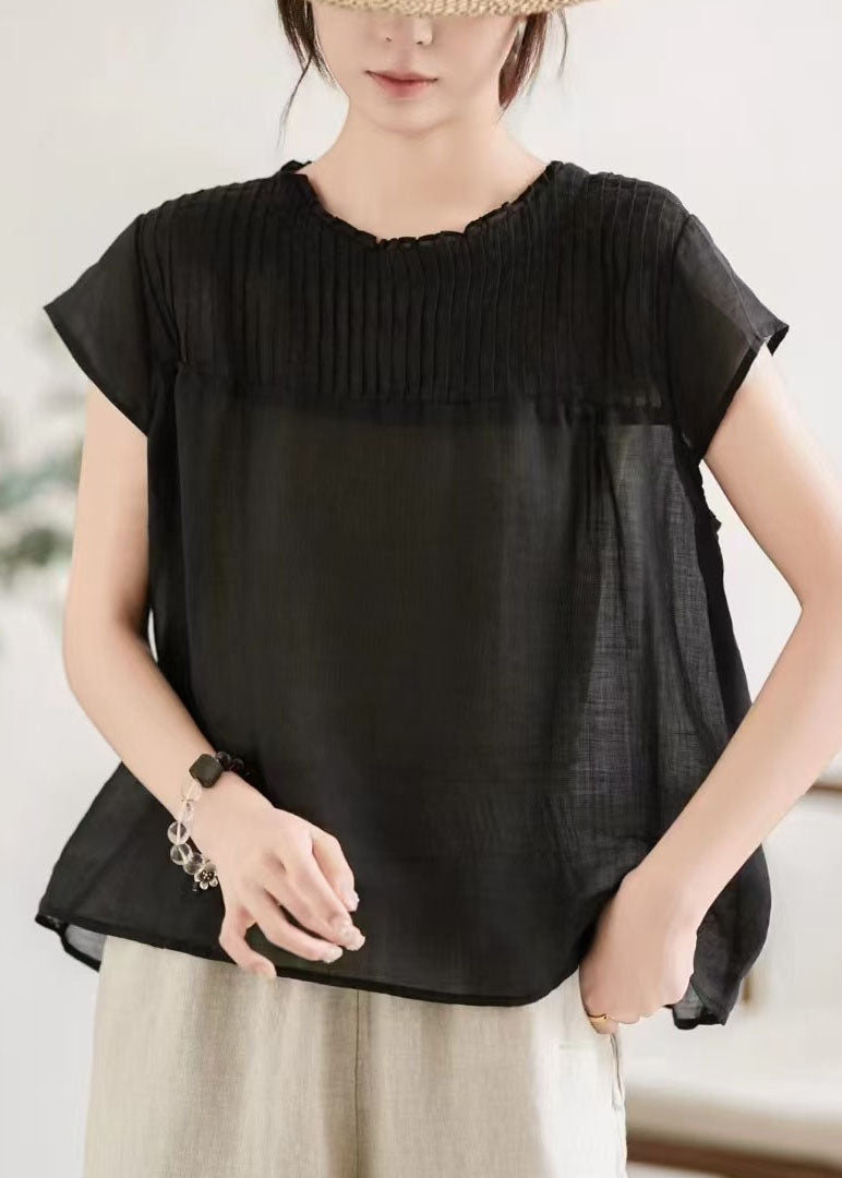 Loose Green O Neck Patchwork Linen Shirt Top Summer