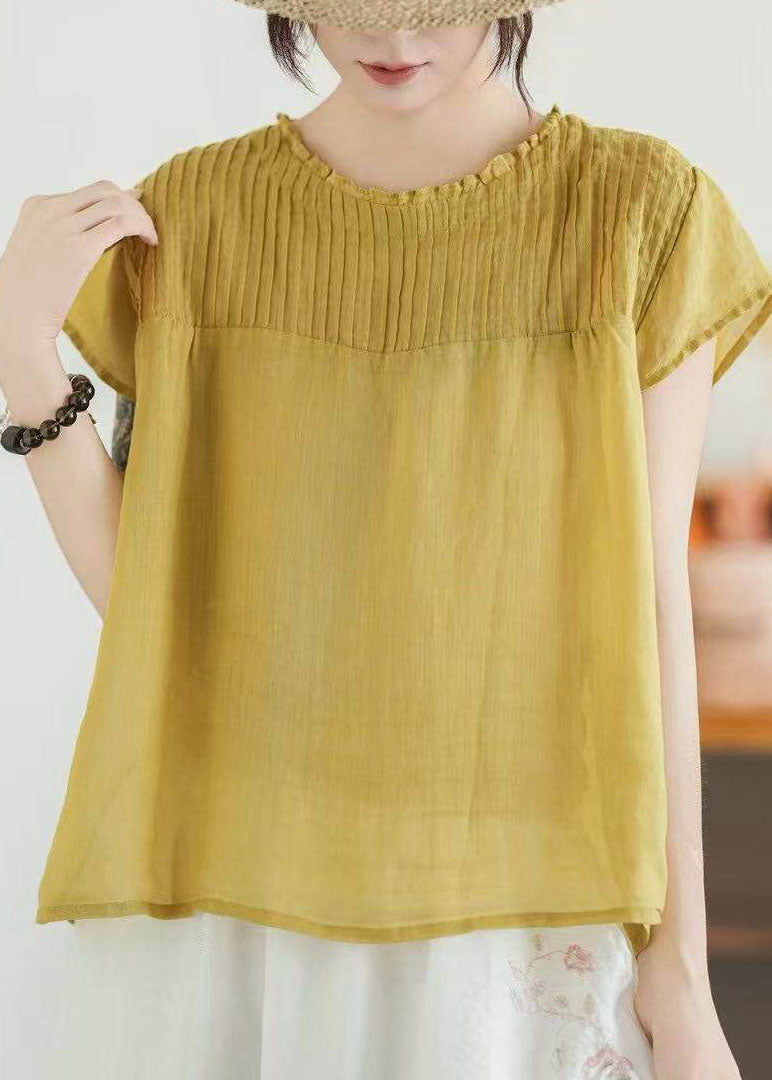 Loose Green O Neck Patchwork Linen Shirt Top Summer