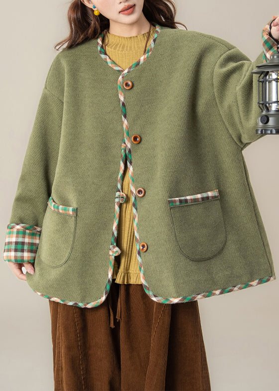 Loose Green O Neck Plaid Patchwork Woolen Coat Spring