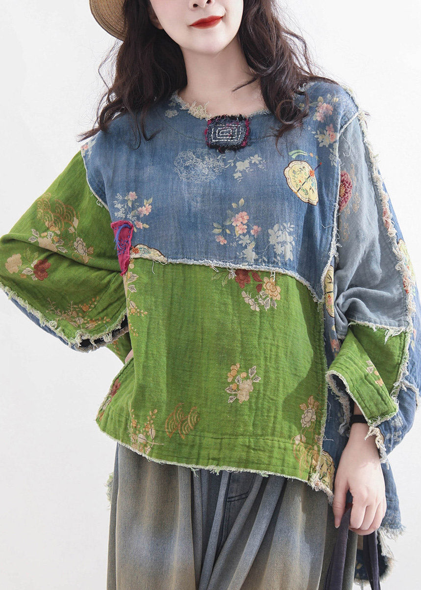 Loose Green O-Neck Print Low High Design Tops Fall