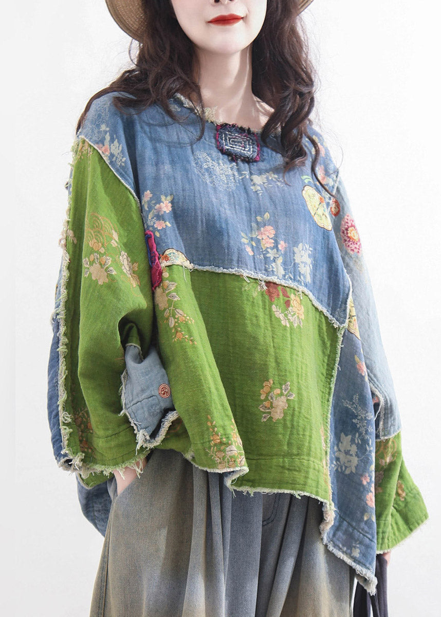 Loose Green O-Neck Print Low High Design Tops Fall