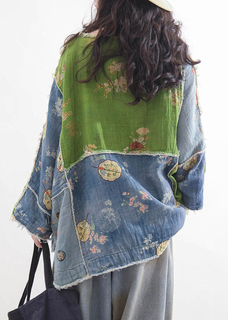 Loose Green O-Neck Print Low High Design Tops Fall