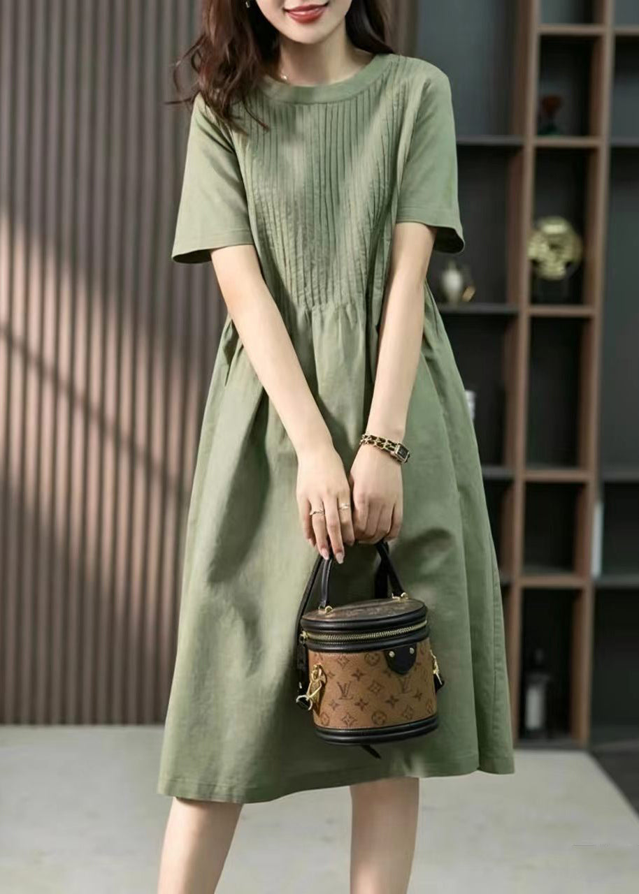 Loose Green O-Neck Wrinkled Mid Dress Short Sleeve