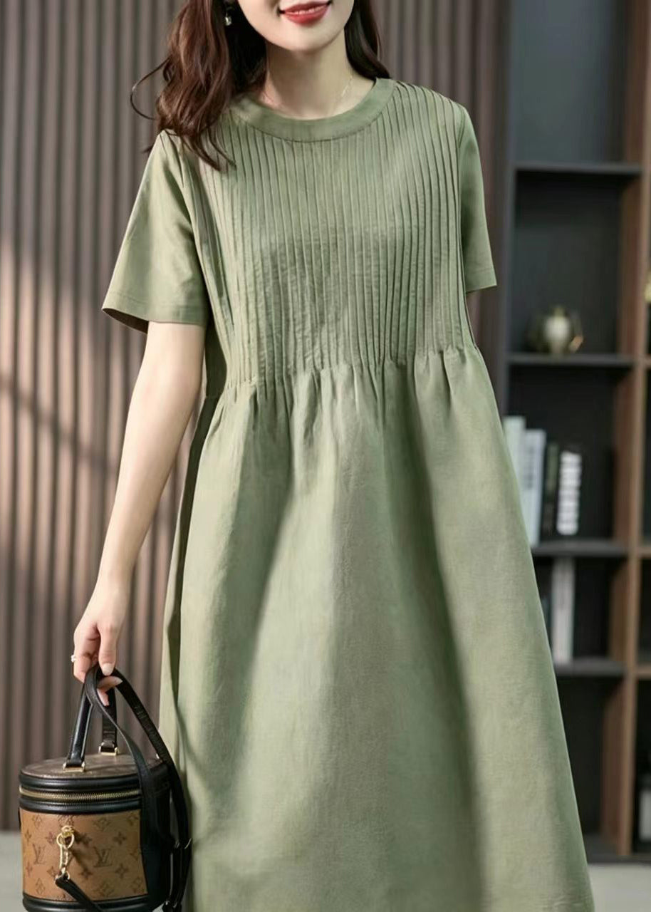 Loose Green O-Neck Wrinkled Mid Dress Short Sleeve