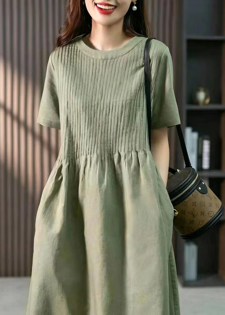 Loose Green O-Neck Wrinkled Mid Dress Short Sleeve