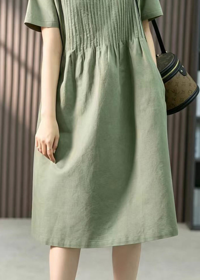 Loose Green O-Neck Wrinkled Mid Dress Short Sleeve