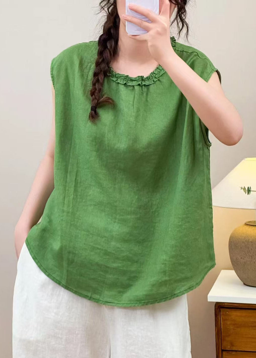 Loose Green Oversized Ruffled Linen Shirt Sleeveless