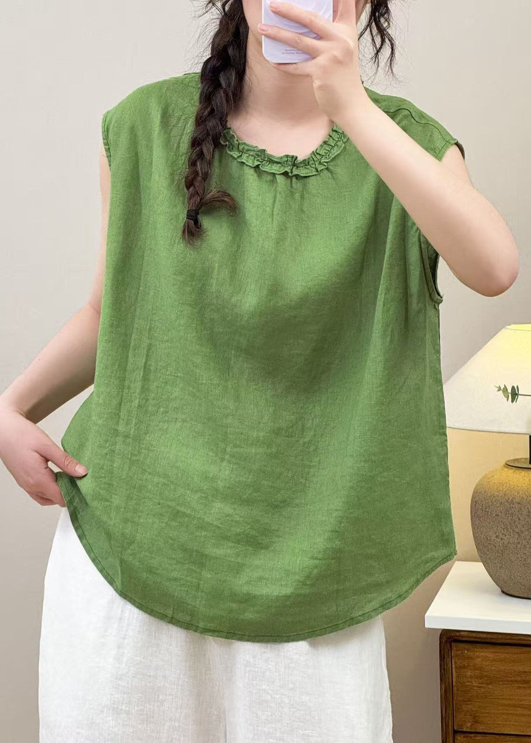Loose Green Oversized Ruffled Linen Shirt Sleeveless