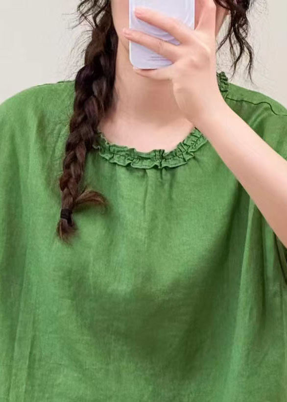 Loose Green Oversized Ruffled Linen Shirt Sleeveless