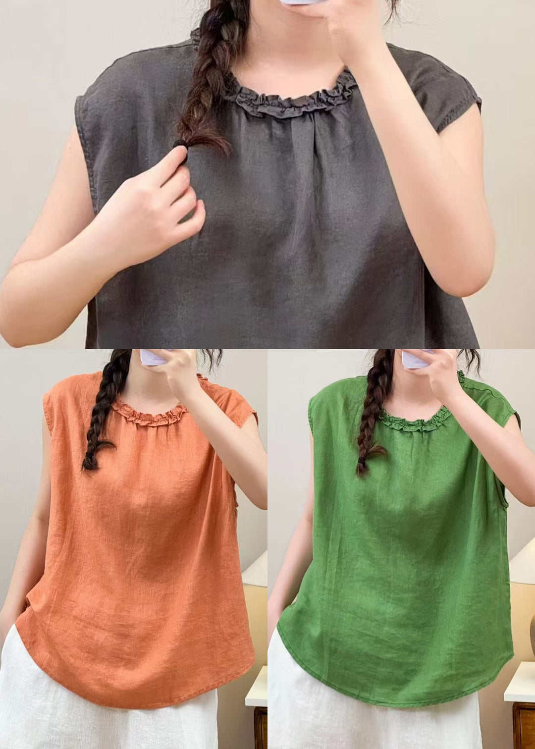 Loose Green Oversized Ruffled Linen Shirt Sleeveless