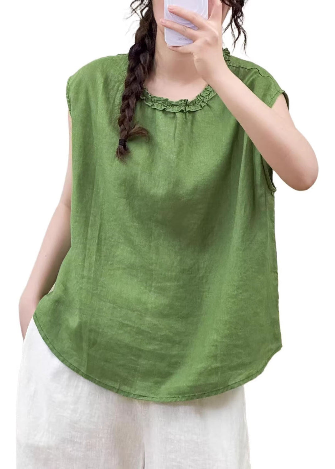 Loose Green Oversized Ruffled Linen Shirt Sleeveless