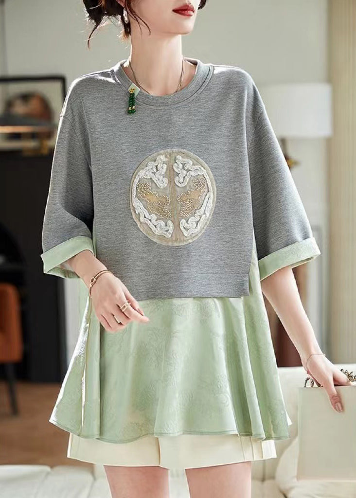 Loose Green Patchwork Fake Two Pieces T Shirt Summer
