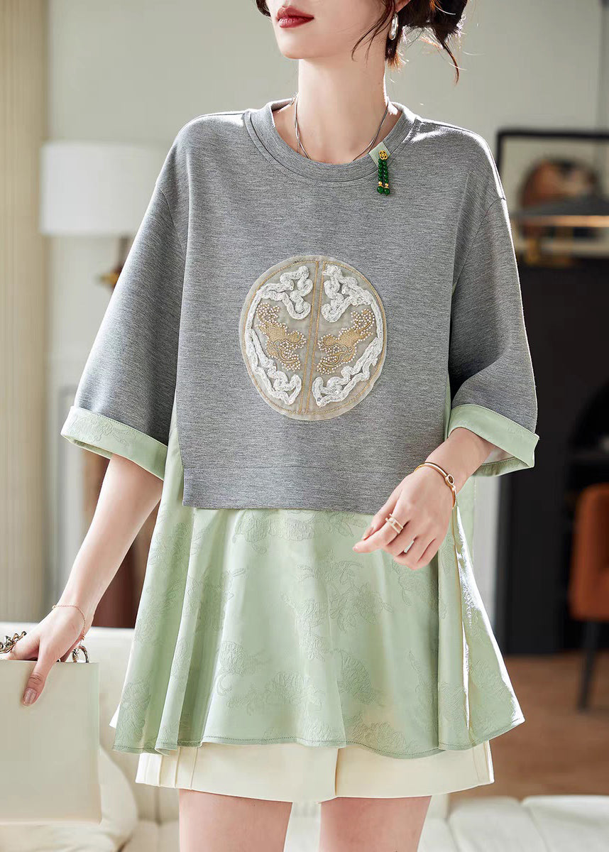 Loose Green Patchwork Fake Two Pieces T Shirt Summer
