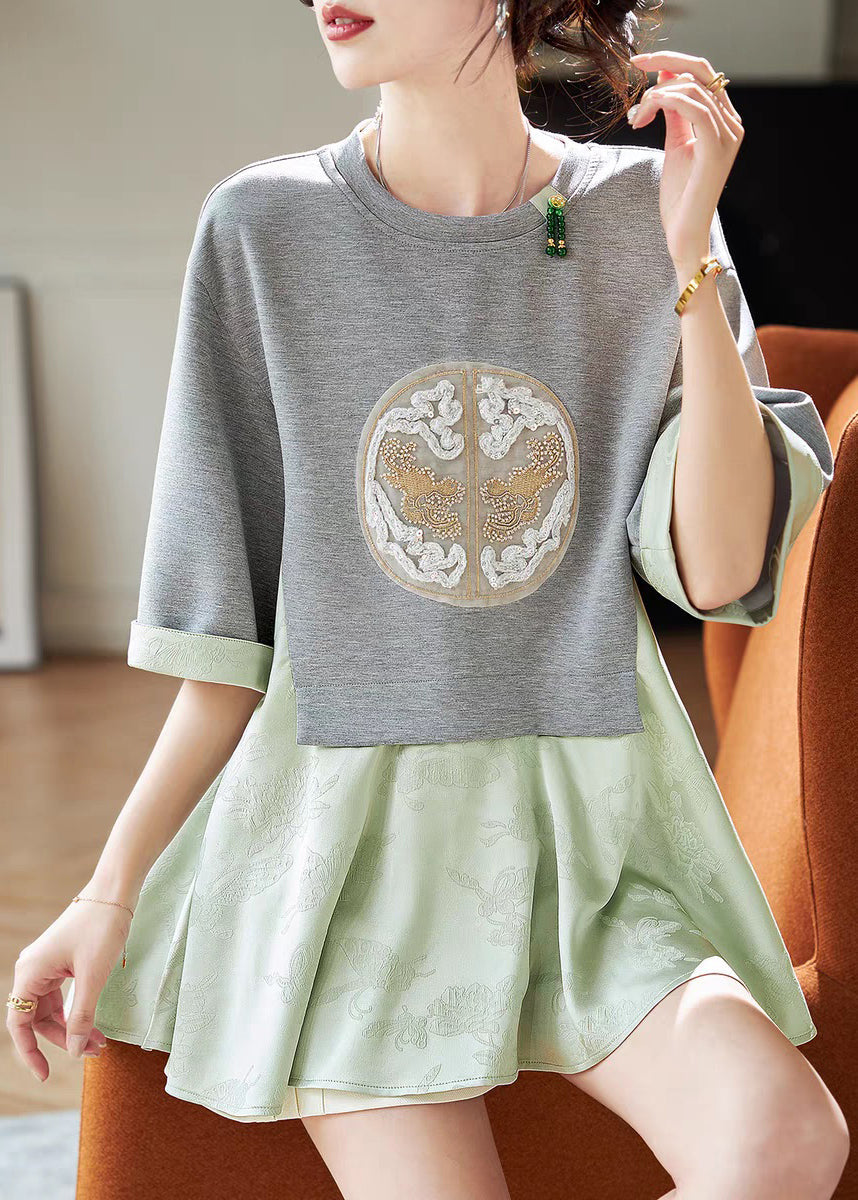 Loose Green Patchwork Fake Two Pieces T Shirt Summer