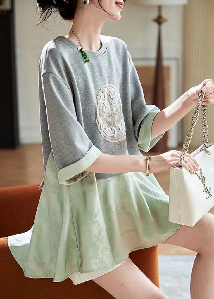 Loose Green Patchwork Fake Two Pieces T Shirt Summer