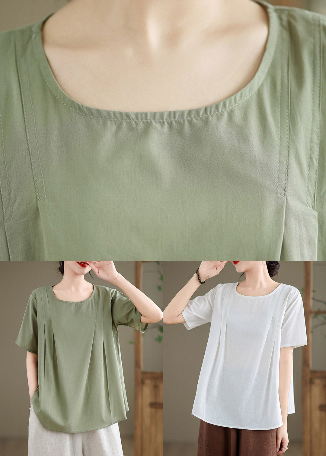 Loose Green Patchwork Solid T Shirt Summer