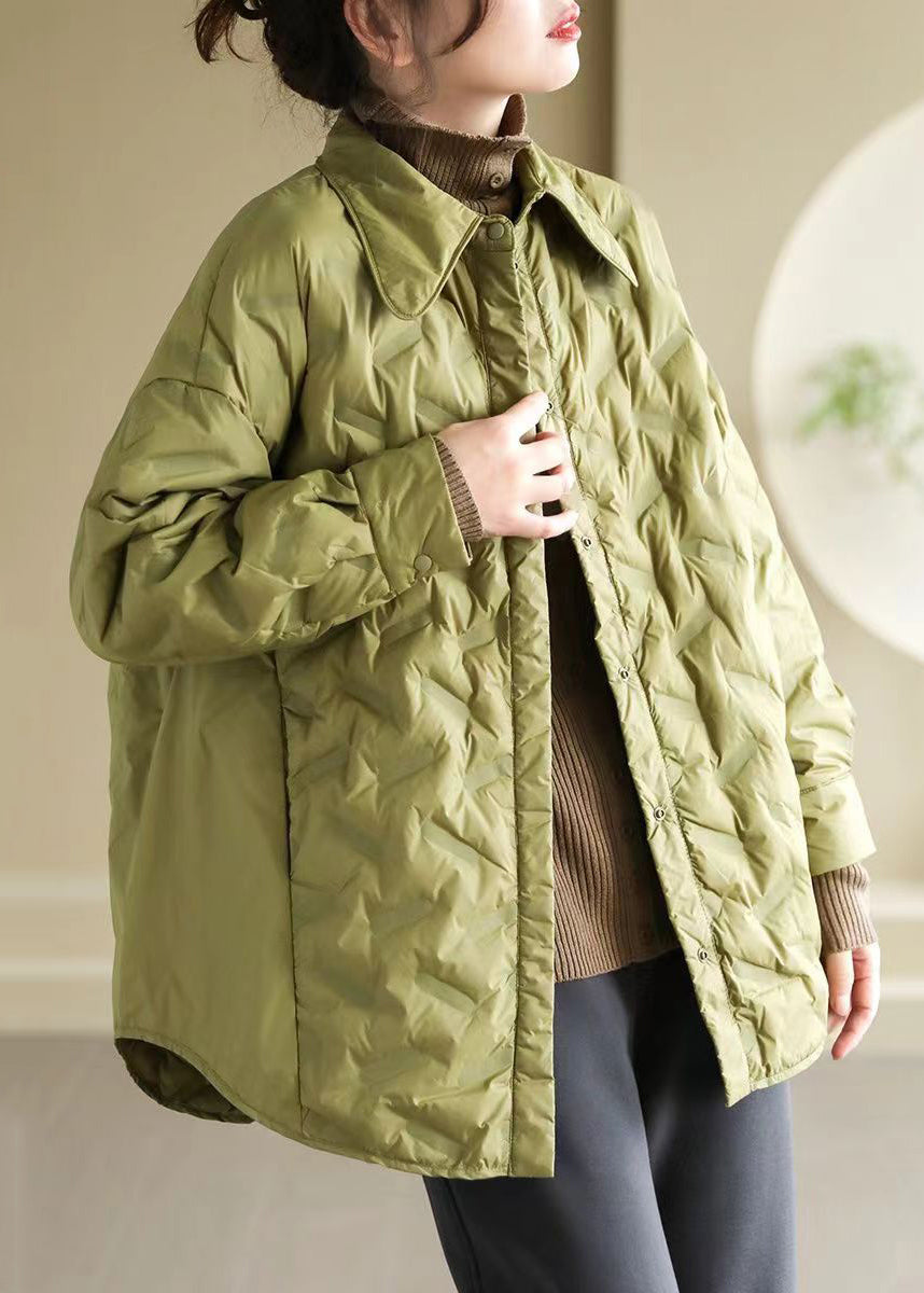 Loose Green Peter Pan Collar Button Pockets Duck Down Shirts Coat Spring