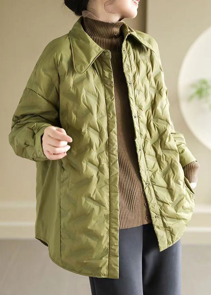 Loose Green Peter Pan Collar Button Pockets Duck Down Shirts Coat Spring