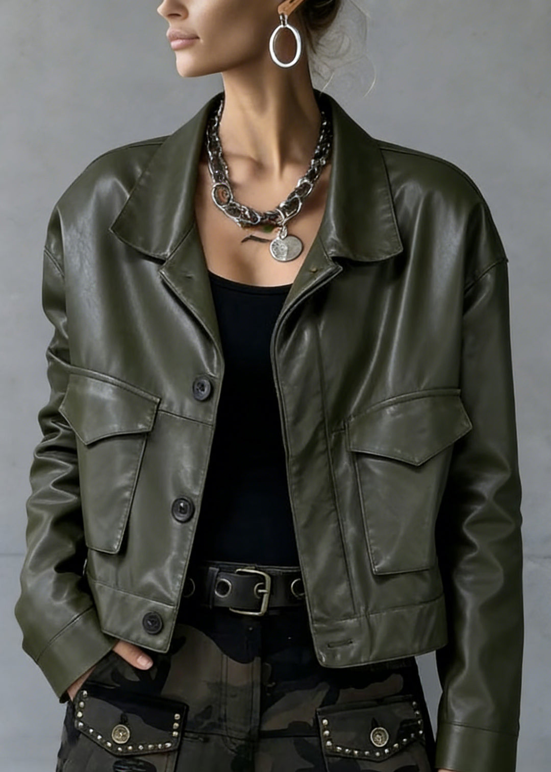 Loose Green Peter Pan Collar Button Pockets Faux Leather Coat Spring