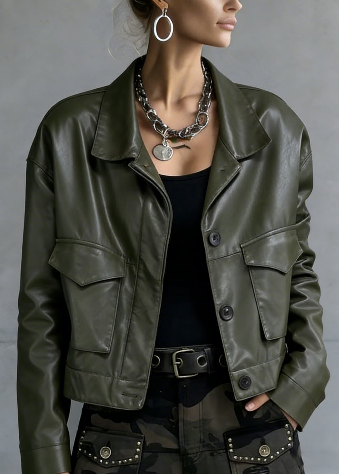 Loose Green Peter Pan Collar Button Pockets Faux Leather Coat Spring