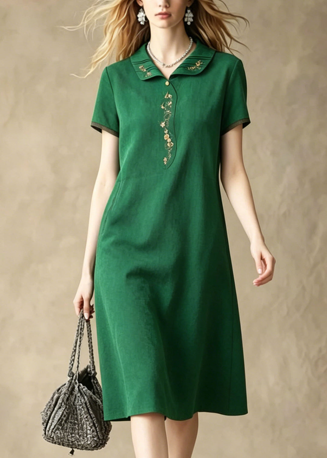 Loose Green Peter Pan Collar Embroidered Silk Dress Summer