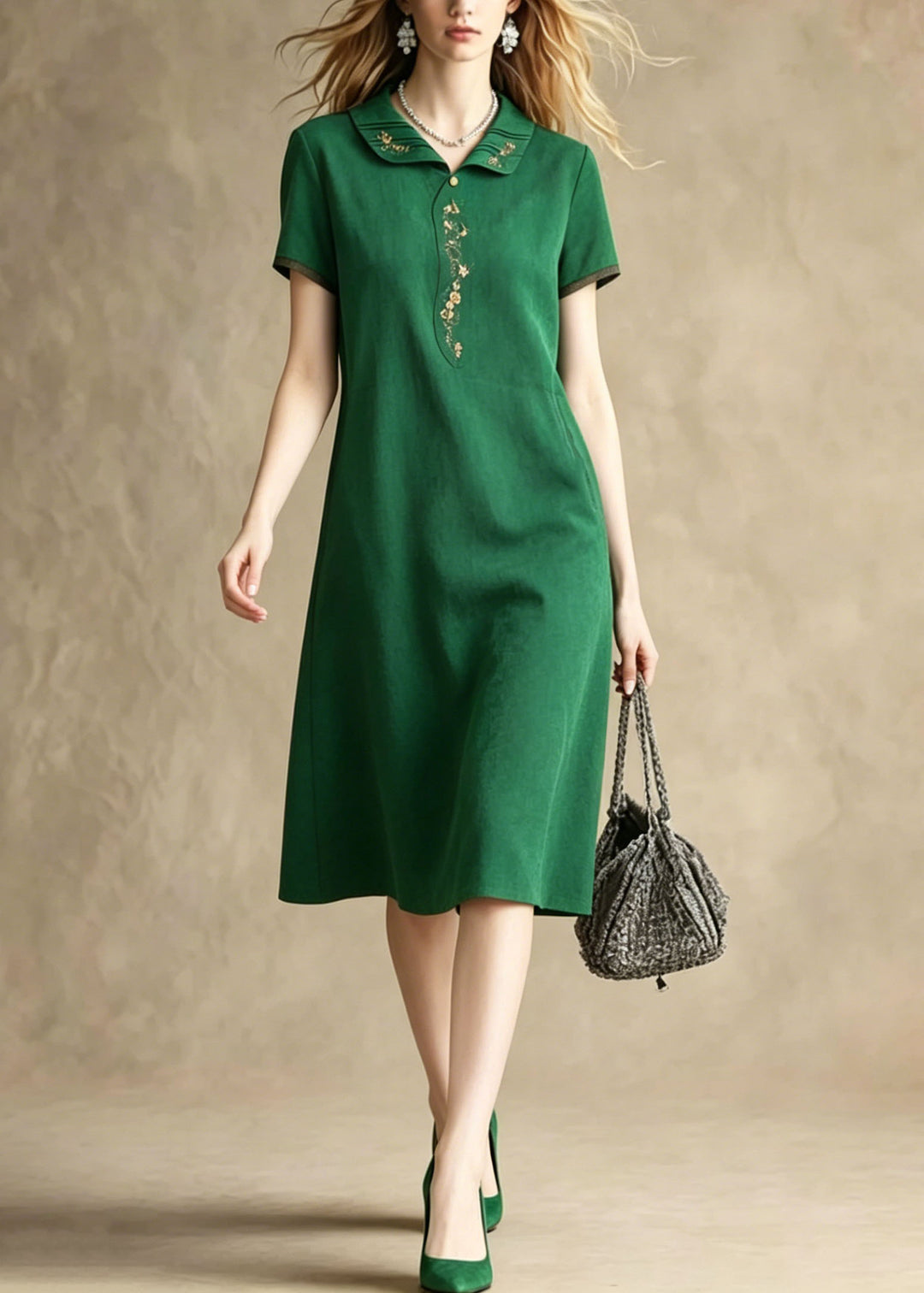 Loose Green Peter Pan Collar Embroidered Silk Dress Summer