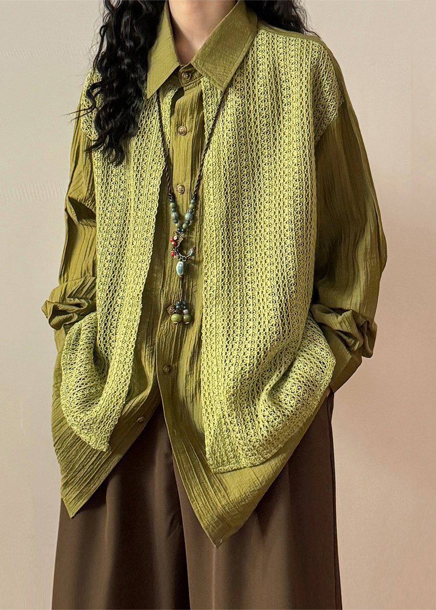 Loose Green Peter Pan Collar False Two Pieces Knit Patchwork Shirt Spring