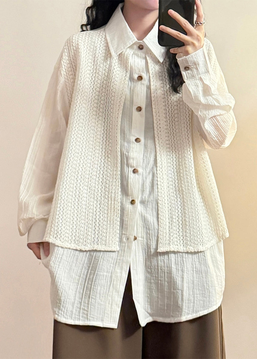 Loose Green Peter Pan Collar False Two Pieces Knit Patchwork Shirt Spring