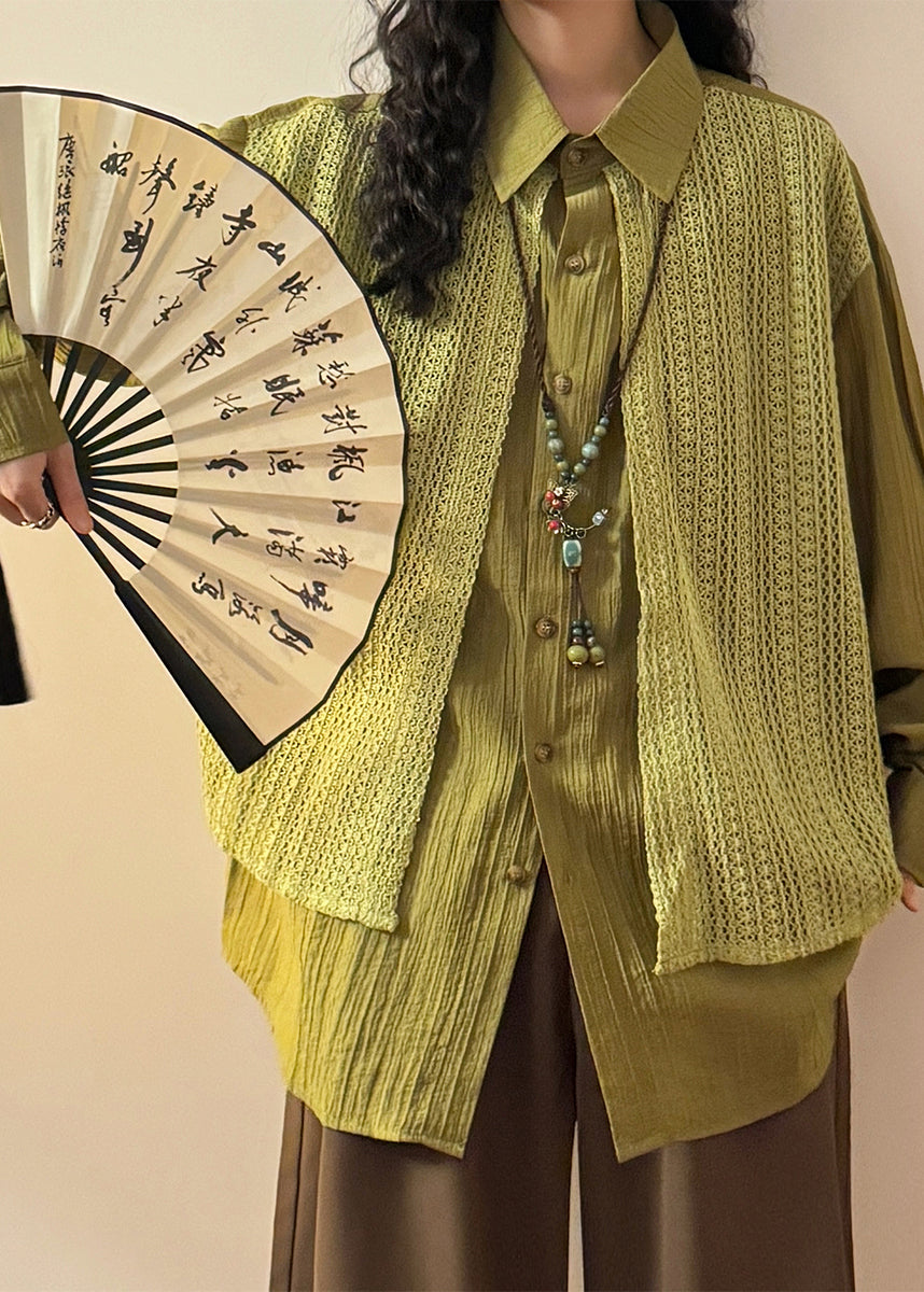 Loose Green Peter Pan Collar False Two Pieces Knit Patchwork Shirt Spring