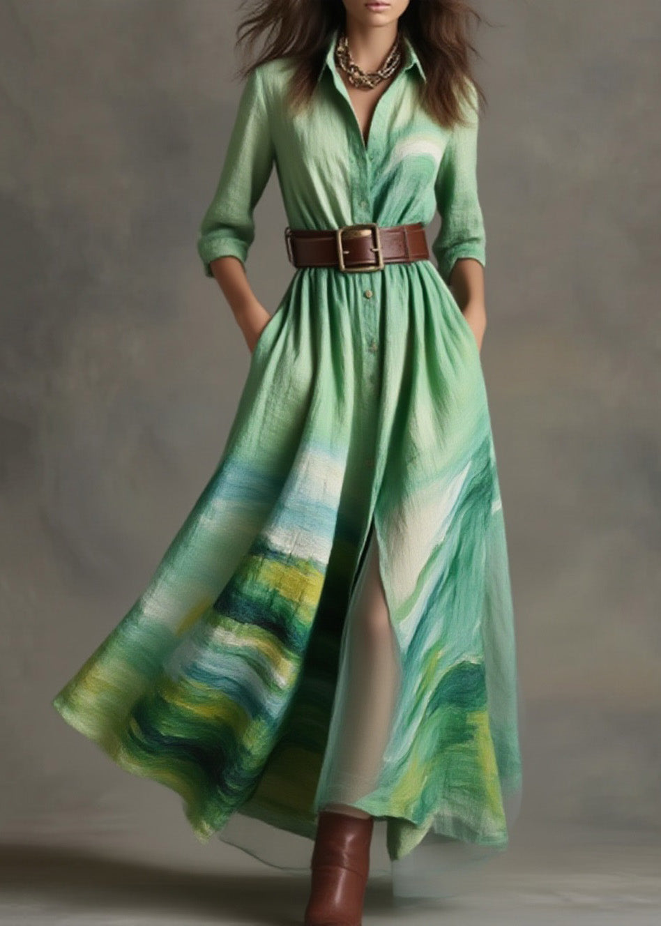 Loose Green Peter Pan Collar Print Cotton Long Dress Spring