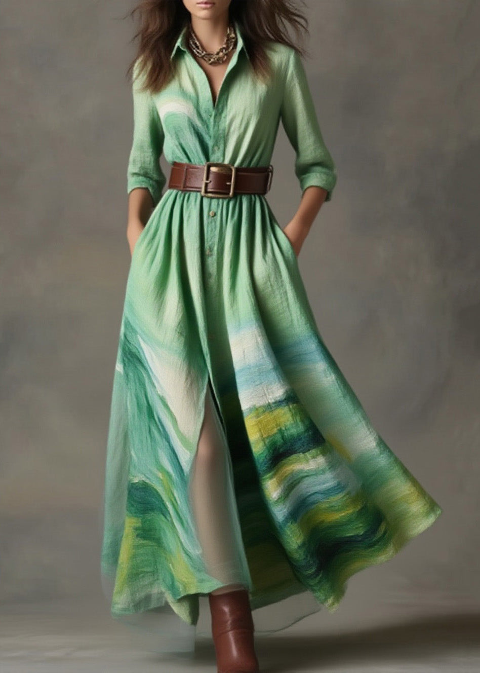 Loose Green Peter Pan Collar Print Cotton Long Dress Spring