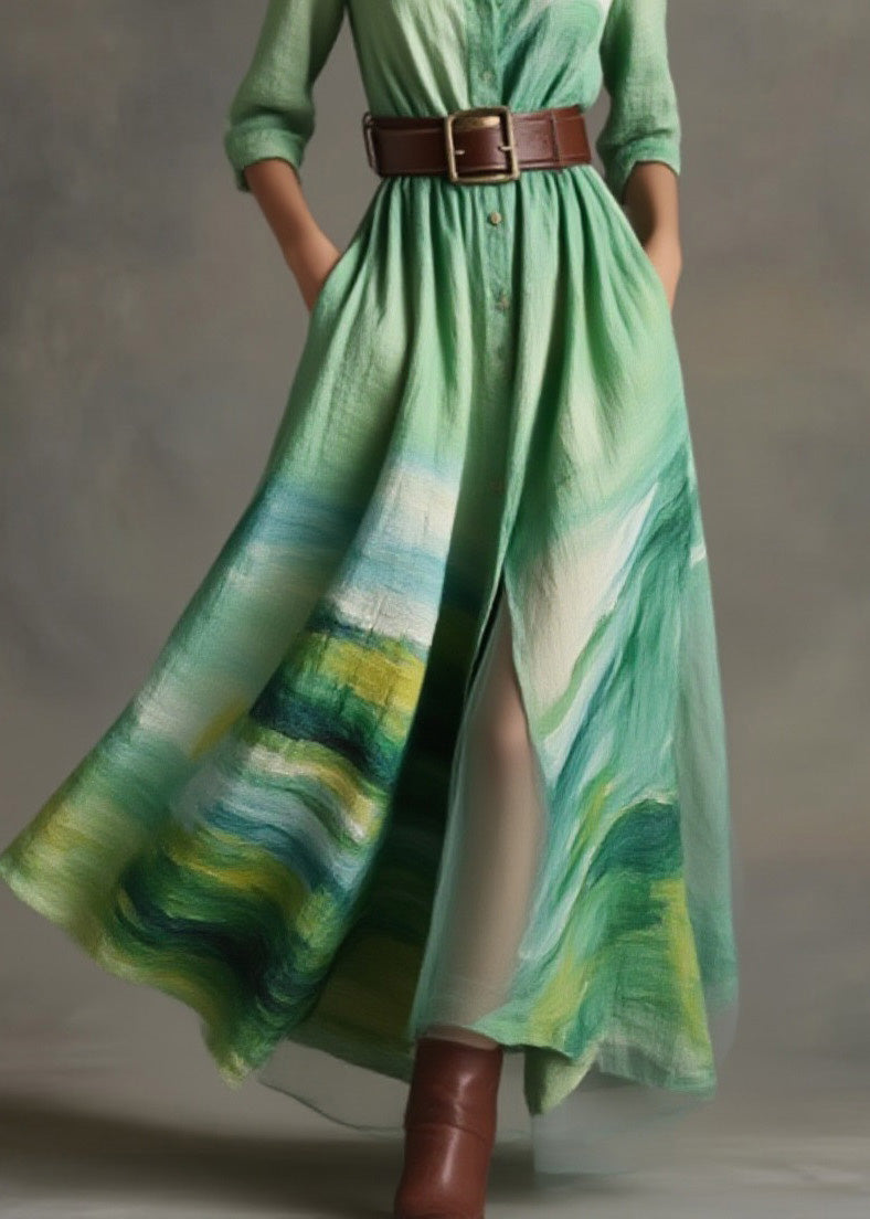 Loose Green Peter Pan Collar Print Cotton Long Dress Spring