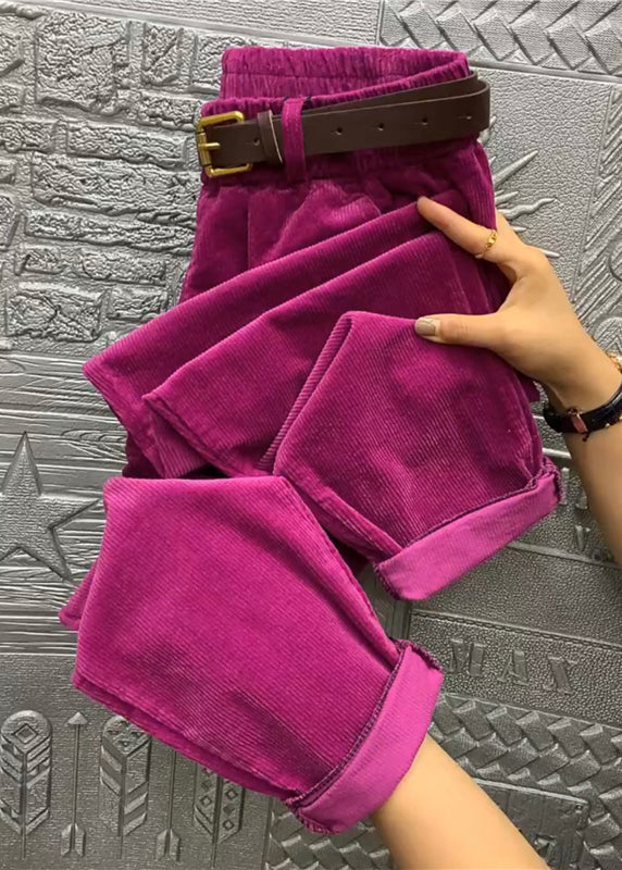 Loose Green Pockets Elastic Waist Solid Corduroy Harem Pants Fall