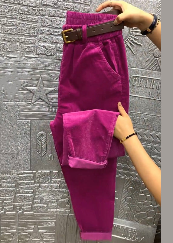 Loose Green Pockets Elastic Waist Solid Corduroy Harem Pants Fall