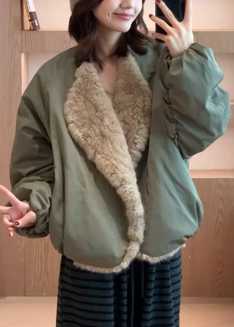 Loose Green Pockets Wear On Both Sides Solid Fluffy Coats
