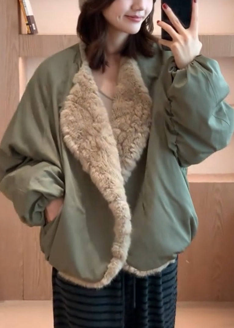 Loose Green Pockets Wear On Both Sides Solid Fluffy Coats