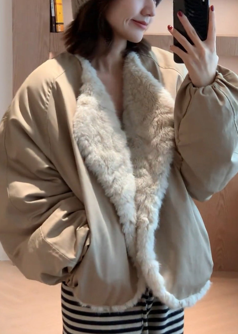Loose Green Pockets Wear On Both Sides Solid Fluffy Coats