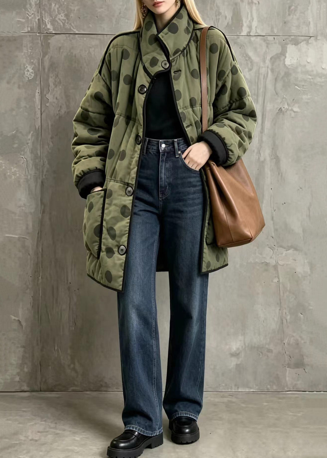 Loose Green Polka Dot Stand Collar Pockets Reversible Cotton Filled Coats Winter