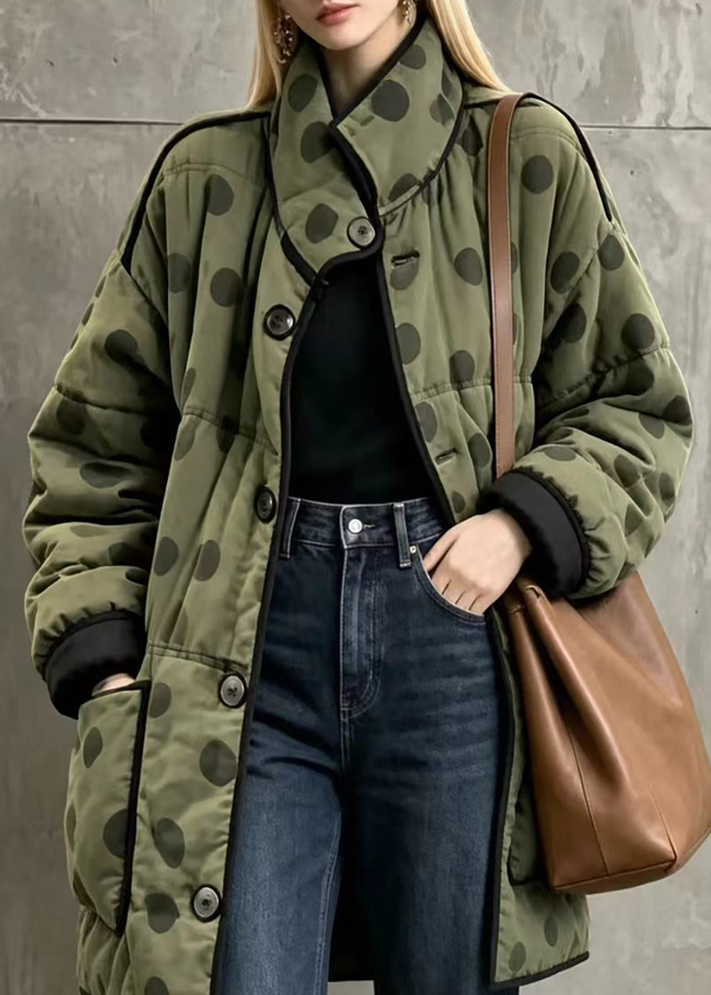 Loose Green Polka Dot Stand Collar Pockets Reversible Cotton Filled Coats Winter