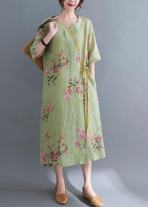 Loose Green Print Button Maxi Summer Cotton Dress - SooLinen