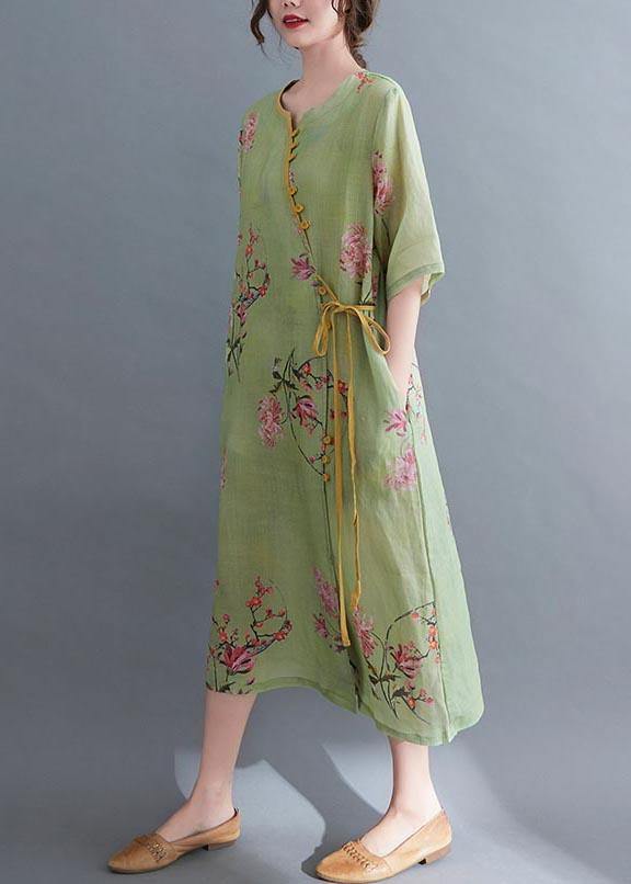 Loose Green Print Button Maxi Summer Cotton Dress - SooLinen