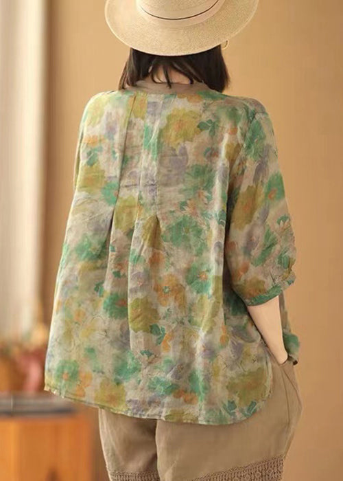 Loose Green Print Button Side Open Linen Shirt Summer