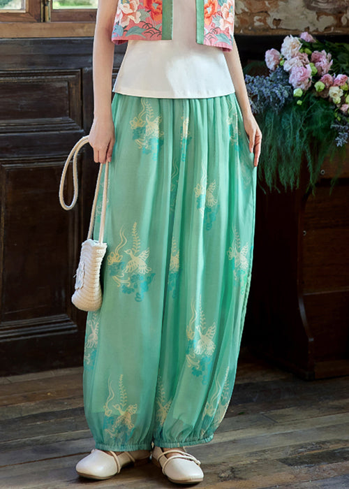Loose Green Print Elastic Waist Chiffon Beam Pants Summer